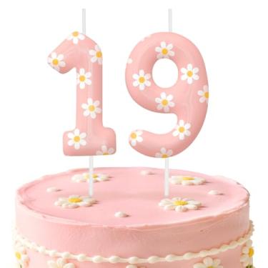 Imagem de Velas de aniversário rosa número 19, enfeite de bolo com tema de margarida para meninos e meninas, decorações de aniversário, suprimentos de festa, velas numéricas para decoração de festa