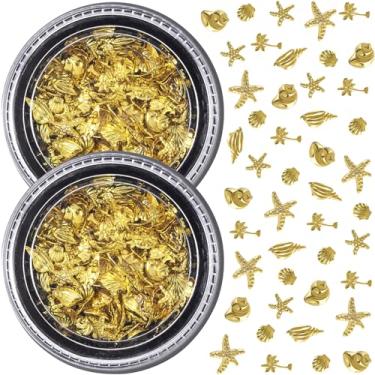 Imagem de Winsyison Amuletos de arte de unhas oceânicas de 2 discos, adesivos de unhas de metal 3D, decalques de conchas de estrela do mar de praia, enfeites de manicure DIY para mulheres - Ouro
