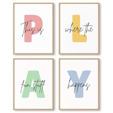 Imagem de Decoração de parede para sala de jogos infantil, pôster de sala de jogos, tela de berçário, decoração de parede, decoração de parede infantil para sala de jogos, arte Vamos brincar, placas para quarto