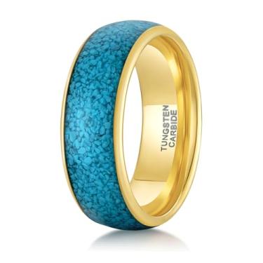 Imagem de TRUMIUM Aliança de casamento masculina de 8 mm, anéis de tungstênio para homens e mulheres, turquesa, incrustado, ouro, masculino, bordas chanfradas, ajuste confortável, tamanho 7-13, Tungstênio