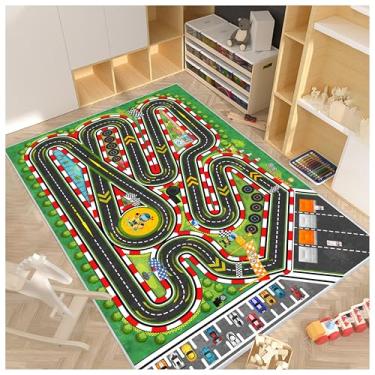 Imagem de Fuzorise Tapete de corrida infantil para carro, estrada, tapete de brincar para quarto de crianças, educacional, rodovia, rodovia, rodovia (verde, 1,2 m x 1,8 m)