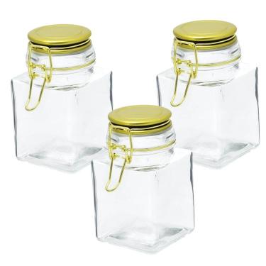 Imagem de Kit 3 Potes Vidro Hermético Quadrado Com Tampa Dourado 350Ml