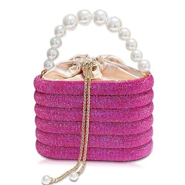 Imagem de Bolsa de mão rosa para mulheres, bolsa noturna oval brilhante com strass, bolsa pequena, bolsas de mão com alça de pérola para casamento, formatura, festas, rosa