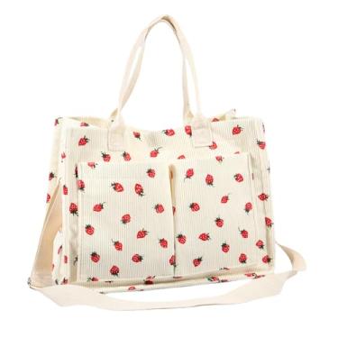 Imagem de Bolsa feminina remendada de morango de tecido de grande capacidade com alças ajustáveis para viagens de trabalho, Branco, 35×26×14.5 cm