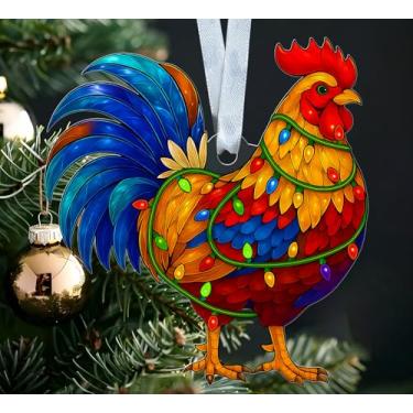 Imagem de Enfeite de Natal acrílico de galo - Estilo vitral - Enfeite de galinha - Tema festivo de animais de fazenda - Design rústico - Decoração de árvore de Natal