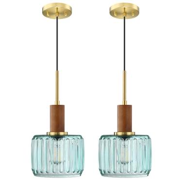 Imagem de 2 unidades 1 luminária industrial moderna fazenda pendurada ilha cozinha pingente luminárias de teto, madeira natural transparente texturizado vidro verde escovado acabamento bronze escovado sobre a