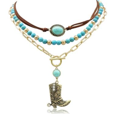 Imagem de Fscwlmon 3 colares femininos estilo cowgirl ocidental em camadas, boêmio, turquesa, contas ocidentais, strass, chapéu de cowboy, botas, pingente de cabeça de boi, gargantilha de clipe de papel