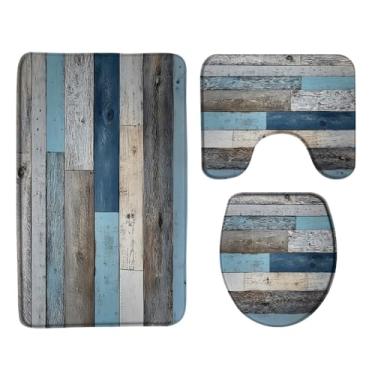 Imagem de Tapete de banho de madeira rústica com 3 peças, azul petróleo, vintage, porta de celeiro, campo, casa de fazenda, placa de imitação de microfibra, tapete de espuma de memória com tampa de vaso