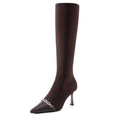 Imagem de NEWBELLA COSY Botas de cano alto femininas de malha pontiaguda, botas altas elásticas para mulheres, sapatos casuais confortáveis para outono e inverno, Café escuro, 40