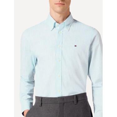 Imagem de Camisa Tommy Hilfiger Masculina Regular Striped Poplin Azul Claro, M/M