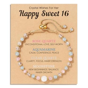 Imagem de HGDEER Pulseira de cristal natural, presentes de aniversário de 13 anos de 16 anos para meninas - Quartzo rosa, pedra da lua, água-marinha, pedras curativas, joias com cartão de significado para filha