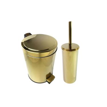 Imagem de Kit Lavabo Inox Dourado Lixeira 5L E Suporte Escova Fineza