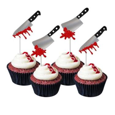 Imagem de 24 PCS Halloween Cupcake Toppers Glitter Horror Blood Knife Cupcake Picks Have a Killer Birthday Cake Decorations for Halloween Theme Birthday Party Supplies (Blood Knife)