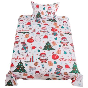 Imagem de ADASMILE A & S Jogo de lençol solteiro com estampa de árvore de Natal, Papai Noel, boneco de neve, árvore de Natal, lençol com elástico e fronha, presente de Natal, decoração de casa