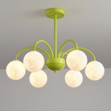 Imagem de Lustre Leite Branco Lustres Modernos Metal Teto Luz com Impressão 3D Bola da Lua Nordic Pendurado Lâmpada Pendente Luz para Quarto Cozinha Ilha Sala de Jantar Sala de Estar, Verde-6 Luzes