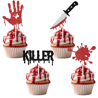 Imagem de 16 PCS Glitter Have A Killer Birthday Cupcake Toppers, Friday Halloween Party Décor, Horror Movie Blood Knife Killer Themed Birthday Party Cake Decorations Supplies