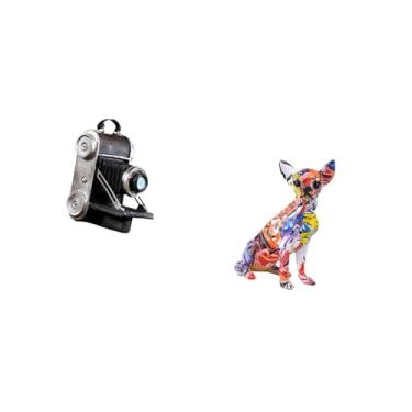 Imagem de Fenteer Estátua de Cachorro com Câmera de Resina, Ornamento, Modelo de Escultura de Filhote de Cachorro Colorido Exclusivo, Adereço Decorativo Multicolorido,