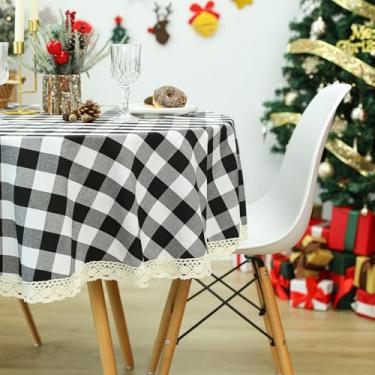 Imagem de Bentrilisa Toalha de mesa redonda xadrez Buffalo com acabamento em renda, 121 cm, preto e branco, capa de mesa xadrez para férias, piquenique, cozinha, jantar