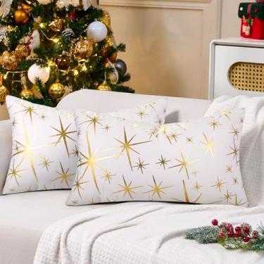 Imagem de Capas de almofada de Natal 30,5 x 50,8 cm de veludo, capas de almofada decorativas de ouro branco com estrela de Natal, conjunto de 2 capas de almofada macias modernas e luxuosas para sofá, cama, sala