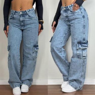 Imagem de Calça cargo marmarizada wide leg pantalona jeans feminina - Wissam jea