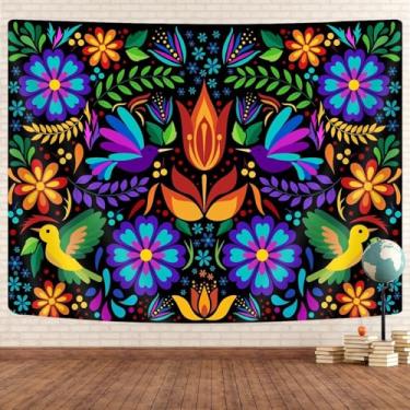 Imagem de GOAOK Tapeçaria mexicana, linda tapeçaria boho de pássaros étnicos coloridos e coloridos, estilo bordado mexicano trippy hippie estética, pequenas tapeçarias para quarto, sala de estar, dormitório