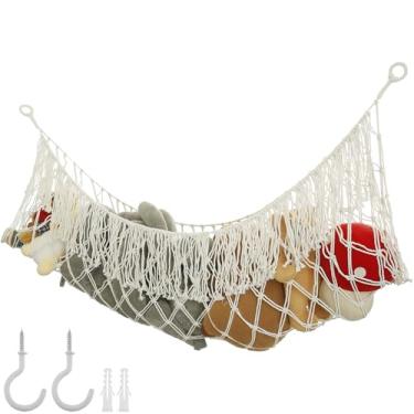 Imagem de Rede de brinquedo de animal para canto de parede com suporte de cama extra grande para animais de pelúcia design de borla para quarto de crianças (bege)