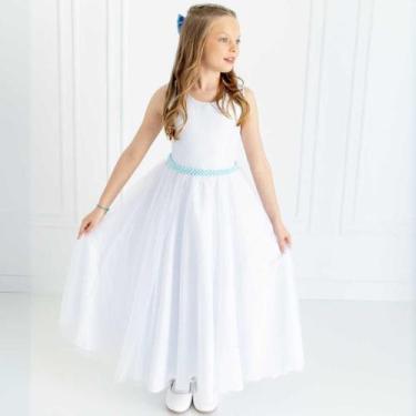 Imagem de Vestido Infantil Longo Branco com Tule e Cinto Azul Daminha Casamento 