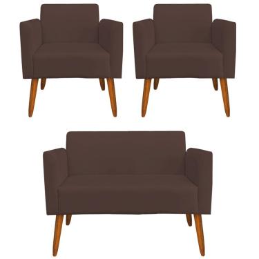 Imagem de Conjunto Namoradeira e 2 Poltronas Decorativas Isabella Pés Palito Madeira Suede Marrom - Gran Belo