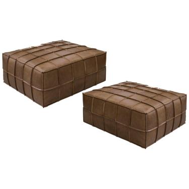 Imagem de Kit 2 Puffs Decorativo Sala de Estar Frances Trio Couro Marrom Claro - Gran Belo