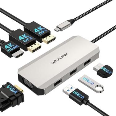 Imagem de WAVLINK Dock Quad Monitor USB C, estação de ancoragem para laptop 7 em 1, adaptador multiportas com Dual 4K DP, 4K HDMI, 1080P VGA, 480Mbps USB2.0-A para MacBook, Dell XPS, Lenovo Thinkpad e laptops