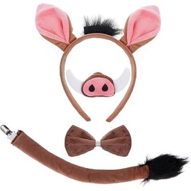 Imagem de HIMIFOY Conjunto de tiara Warthog Ears com orelhas e cauda para cosplay, festa de aniversário, carnaval, festa de Natal