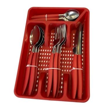 Imagem de Conjunto de Faqueiro 17 Peças com Porta Talher,Garfo Faca e Colher, Vermelho, Conjunto de Talheres Completo para Casa e Cozinha - Vermelho