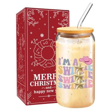 Imagem de Arsemica Copo de vidro de Natal para fãs de TS, copo de vidro de 473 ml com tampa canudo e escova de limpeza, copo de vidro de café para mulheres e meninas, artigos de festa para cantores, presentes