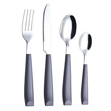 Imagem de Conjunto de talheres EXZACT de 16 peças – Conjunto de talheres de aço inoxidável para talheres e utensílios com alças coloridas confortáveis para segurar – 4 garfos de jantar, 4 facas de mesa, 4 colheres de chá, 4 colheres de chá, Cinza