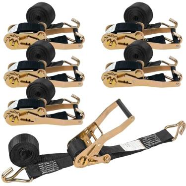 Imagem de Pacote com 6 tiras de catraca de 5 cm x 38 cm, resistência à ruptura de 2,268 kg, alça de amarração com gancho J, tiras resistentes para caminhão, trailer, transporte de carga, motocicleta, caiaque