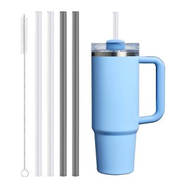 Imagem de 4 canudos Tritan de substituição compatíveis com Stanley Quencher de 850 g, copo copo de 1,134 g, canudos reutilizáveis com 1 escova de limpeza (transparente + cinza)