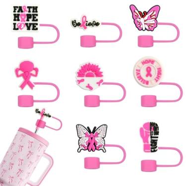 Imagem de Capas de canudo de conscientização do câncer de mama para Stanley Cup 40 850 g, 8 peças de cobertura de palha de fita rosa para 10 mm Capas de ponta de canudo Stanley acessórios para copos (câncer de