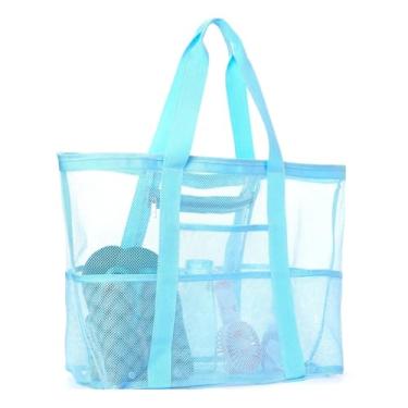 Imagem de Bolsa de praia grande de malha, bolsa de praia com bolsos com zíper - Piscina familiar, brinquedos e itens essenciais para férias, Azul, Large