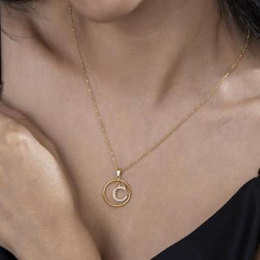 Imagem de Colar de strass com inicial A-Z - Joias delicadas com pingente circular com corrente ajustável, colar de alfabeto personalizado para mulheres,, F, Aço inoxidável, Sem Pedra Preciosa