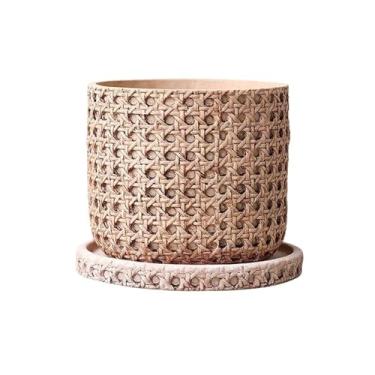 Imagem de Vasos de plantas Pote cilíndrico de planta com textura rattan, furo drenagem, plantador cimento, para sala, varanda, jardim, escritório(Pequeno)