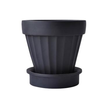 Imagem de Vasos de plantas Vaso redondo com textura de listras, plantador cimento, furo drenagem e bandejas pires Recipiente plantas, para varanda quarto sala (2 cores)(Preto)