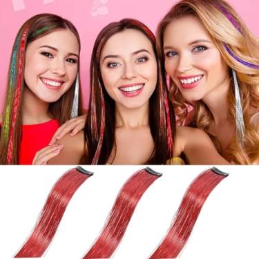 Imagem de Grampos de cabelo com tinsel de cabelo colorido 3 peças, 19,8 polegadas 1060 fios decorações de cabelo coloridas acessórios de grampos de cabelo (pacote com 3, vermelho#)