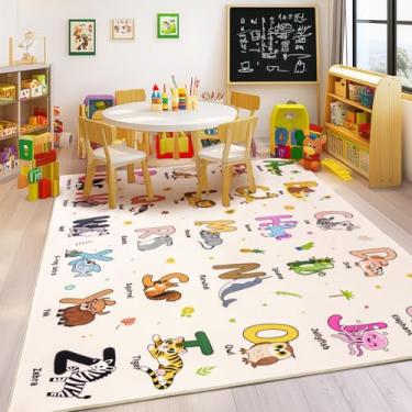 Imagem de Bolacrom Tapetes infantis para sala de jogos, tapete educativo para aprender o alfabeto ABC, macio, lavável na máquina, tapete de animais fofos, antiderrapante, para sala de aula, berçário, decoração