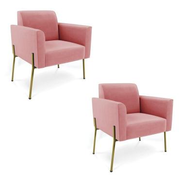 Imagem de Poltrona Pé De Ferro Dourado Decorativa Kit 2 Marisa Suede Rosê D03