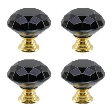 Imagem de Dahszhi 4 peças de diamante de topo plano 30 mm puxador de vidro de cristal puxadores de armário gavetas armário cômoda estante guarda-roupa, dourado-preto