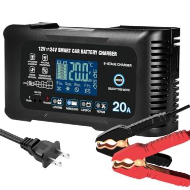 Imagem de YHCHKJ 20 Amp: Carregador inteligente de bateria de carro 12/24 V – mantenedor automático, carregador e dessulfator com proteção contra sobrecarga e compensação de temperatura – para baterias de