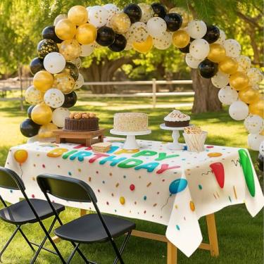 Imagem de HOMETITUTE Toalha de mesa retangular de aniversário com estampa de feliz aniversário, 203 x 152 cm, balão colorido, arco-íris, artigos de festa, decoração para aniversários de meninas e meninos