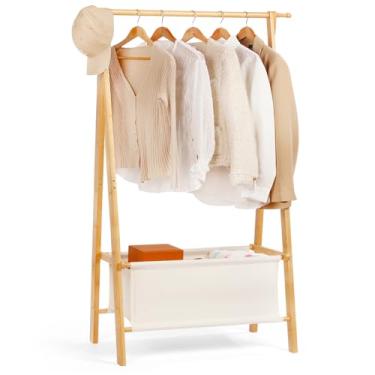 Imagem de Relquorax Arara de roupas de bambu com caixa de armazenamento, rack de roupas extra grande portátil, guarda-roupa dobrável para entrada e quarto de cama (M)