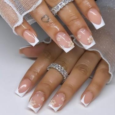 Imagem de Unhas postiças curtas médias quadradas francesas brancas com design de flores 3D pérolas cobertura completa cola em bastão falso artificial em unhas de acrílico para mulheres, casamento, 24 peças