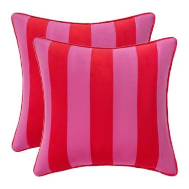 Imagem de MONDAY MOOSE Capas de almofada decorativas, conjunto de 2 designs de borda listrada de veludo macio, enchimentos de travesseiro não incluídos (rosa choque/vermelho, 56 x 56 cm)